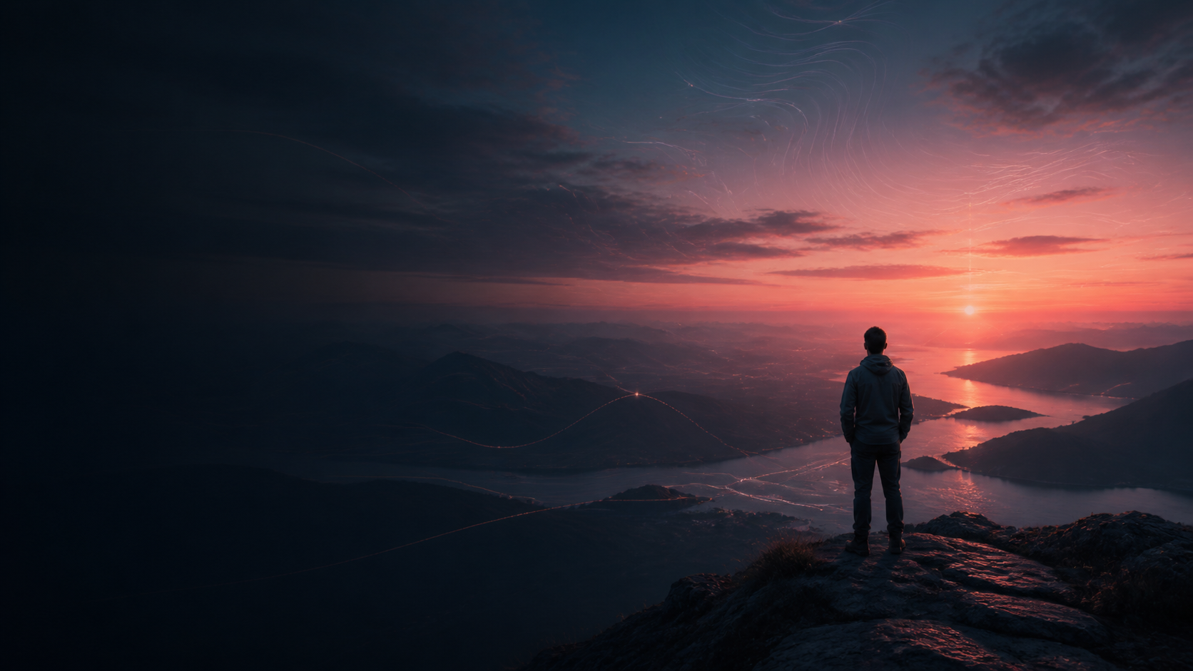 Traveler overlooking a mountain and coastal landscape at sunrise, representing the feeling that inspires a journey